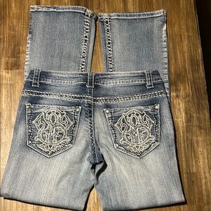 Paisley Sky Blue Boot Cut Jeans with Embroidery and Distressed Details. Size 6